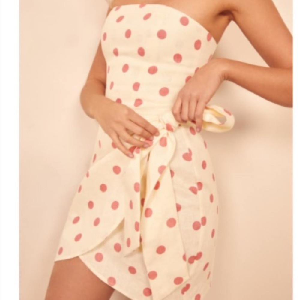 REFORMATION Pink Polka Dot Strapless Linen Mini Dress Party Cocktail Dress-8
